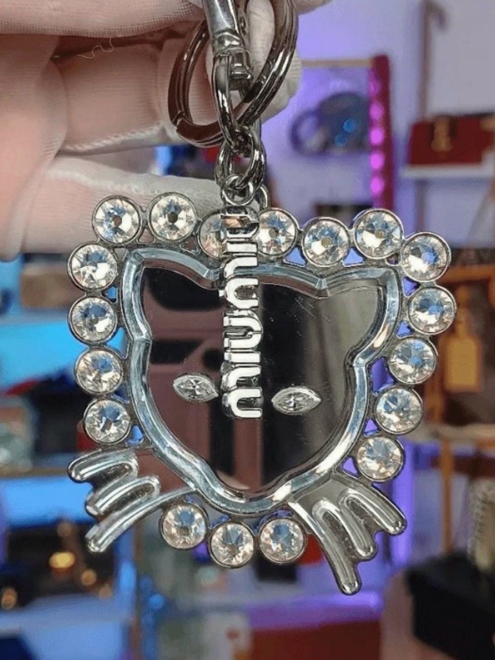 RARE MIU MIU Mirror Crystal Sliver Cat Bag Key Charm